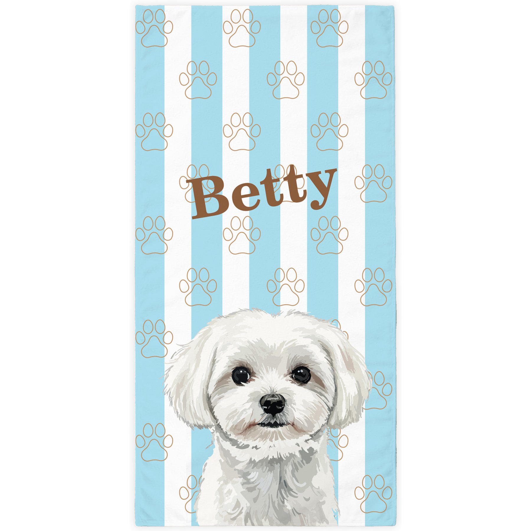 PGS Maltese Watercolor Dogs with Brown Paw Outlines on Stripes White Sublimatable Dog Beach Towel, Teal/White/Brown, 30 x 60-in