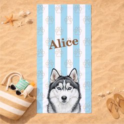 PGS Husky Watercolor Dogs with Brown Paw Outlines on Stripes White Sublimatable Dog Beach Towel, Teal/White/Brown, 30 x 60-in slide 2 of 3