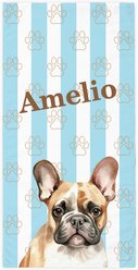 PGS French Bulldog Watercolor Dogs with Brown Paw Outlines on Stripes White Sublimatable Dog Beach Towel, Teal/White/Brown, 30 x 60-in