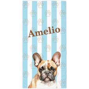 PGS French Bulldog Watercolor Dogs with Brown Paw Outlines on Stripes White Sublimatable Dog Beach Towel, Teal/White/Brown, 30 x 60-in