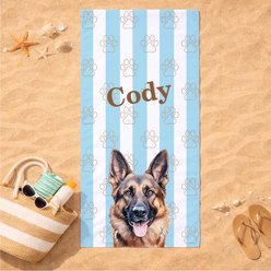 PGS German Shepherd Watercolor Dogs with Brown Paw Outlines on Stripes White Sublimatable Dog Beach Towel, Teal/White/Brown, 30 x 60-in slide 2 of 3