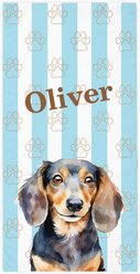 PGS Dachshund Watercolor Dogs with Brown Paw Outlines on Stripes White Sublimatable Dog Beach Towel, Teal/White/Brown, 30 x 60-in