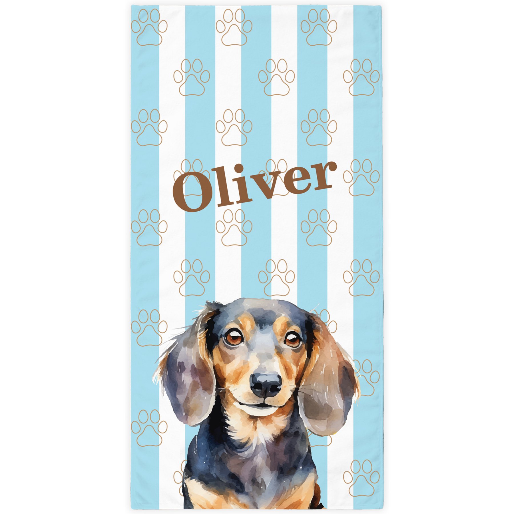 PGS Dachshund Watercolor Dogs with Brown Paw Outlines on Stripes White Sublimatable Dog Beach Towel, Teal/White/Brown, 30 x 60-in