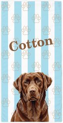 PGS Chocolate Lab Watercolor Dogs with Brown Paw Outlines on Stripes White Sublimatable Dog Beach Towel, Teal/White/Brown, 30 x 60-in
