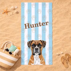 PGS Boxer Watercolor Dogs with Brown Paw Outlines on Stripes White Sublimatable Dog Beach Towel, Teal/White/Brown, 30 x 60-in slide 2 of 3