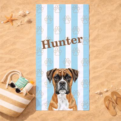 Show full view: PGS Boxer Watercolor Dogs with Brown Paw Outlines on Stripes White Sublimatable Dog Beach Towel, Teal/White/Brown, 30 x 60-in slide 2 of 3