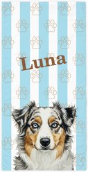 PGS Australian Shepherd Watercolor Dogs with Brown Paw Outlines on Stripes White Sublimatable Dog Beach Towel, Teal/White/Brown, 30 x 60-in