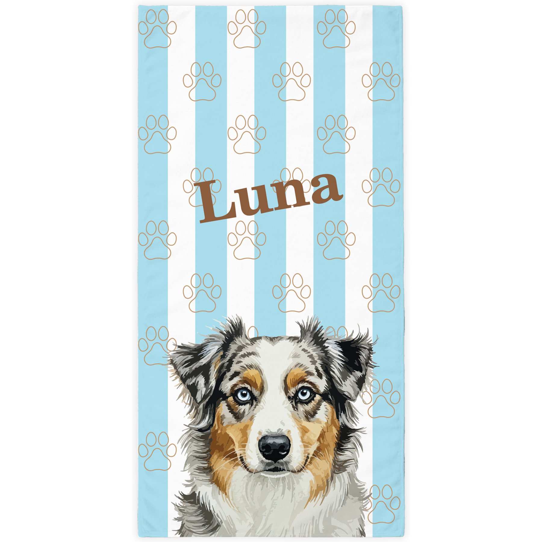 PGS Australian Shepherd Watercolor Dogs with Brown Paw Outlines on Stripes White Sublimatable Dog Beach Towel, Teal/White/Brown, 30 x 60-in