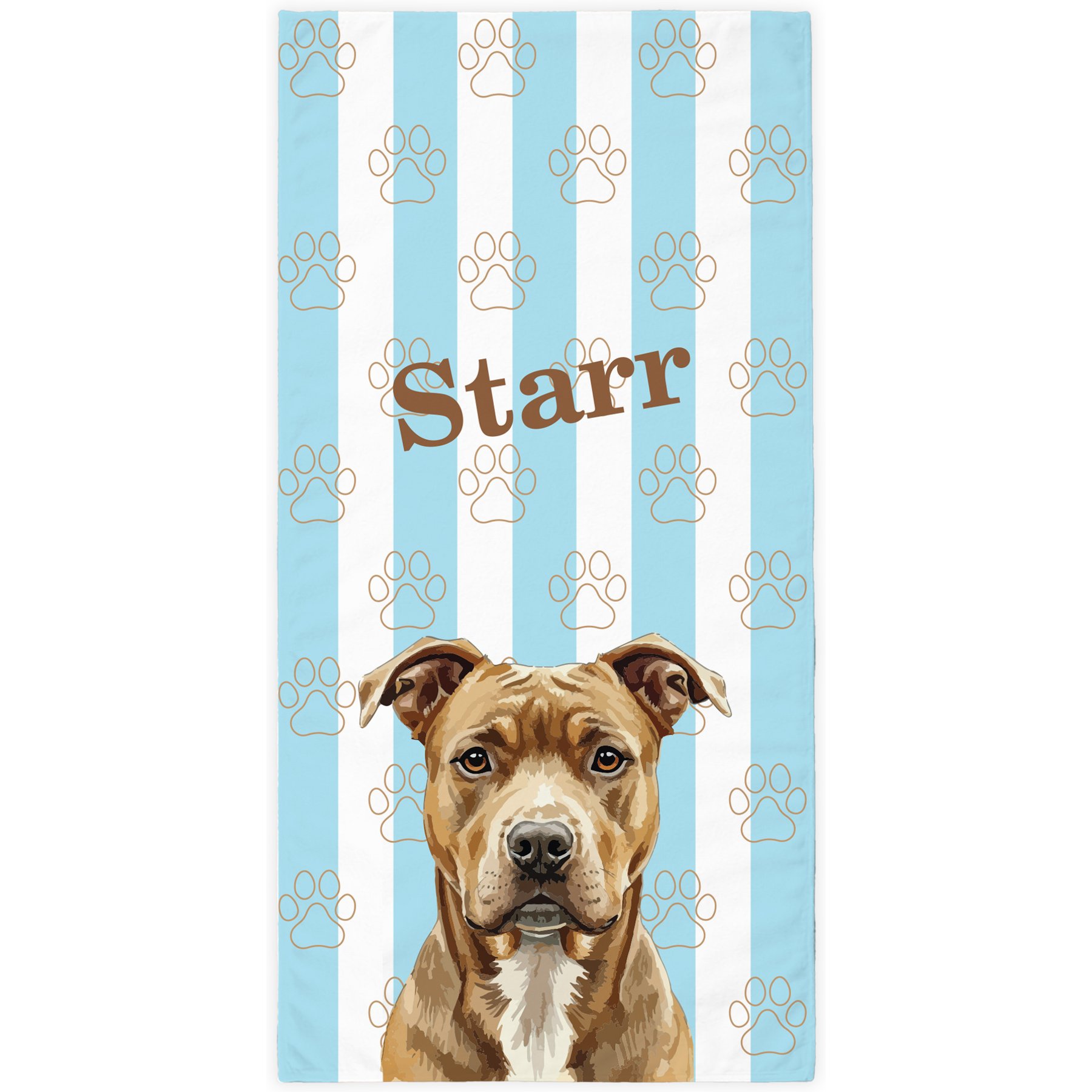 PGS American Pitt Bull Terrier Watercolor Dogs with Brown Paw Outlines on Stripes White Sublimatable Dog Beach Towel, Teal/White/Brown, 30 x 60-in