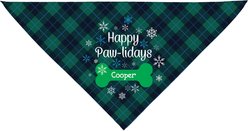PGS Happy Paw-lidays Plaid Personalized Dog Bandana, Navy/Green/White, Large