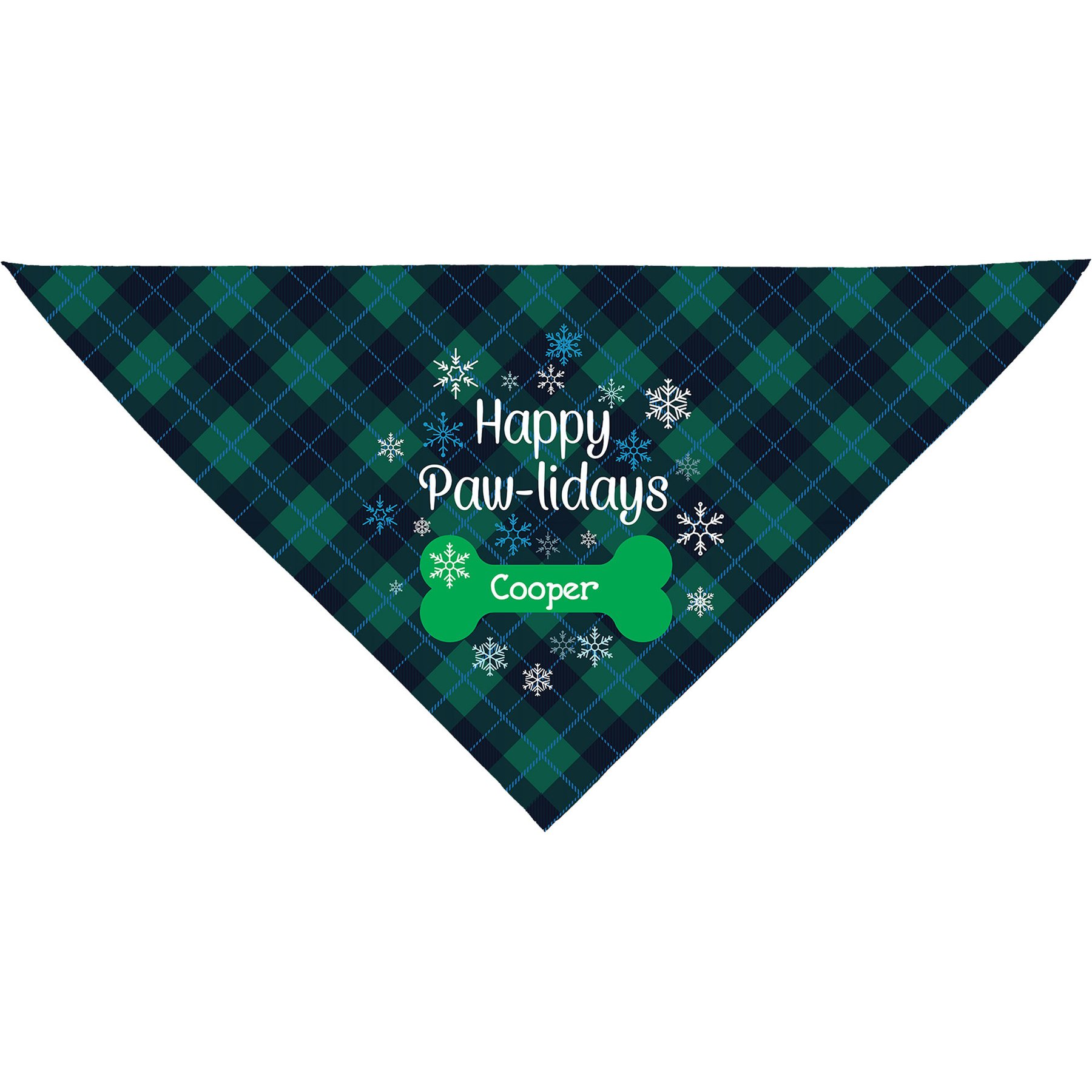 PGS Happy Paw-lidays Plaid Personalized Dog Bandana, Navy/Green/White, Large