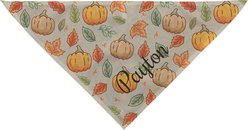PGS Pumpkin & Leaves Patter with Tan Background with Angled Name Personalized Dog Bandana, Brown/Orange/Green, Small