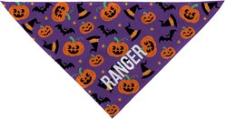 PGS Pumpkins, Bats & Witch Hats on Purple Background with Name Personalized Dog Bandana, Purple/Orange/Black/White, Large