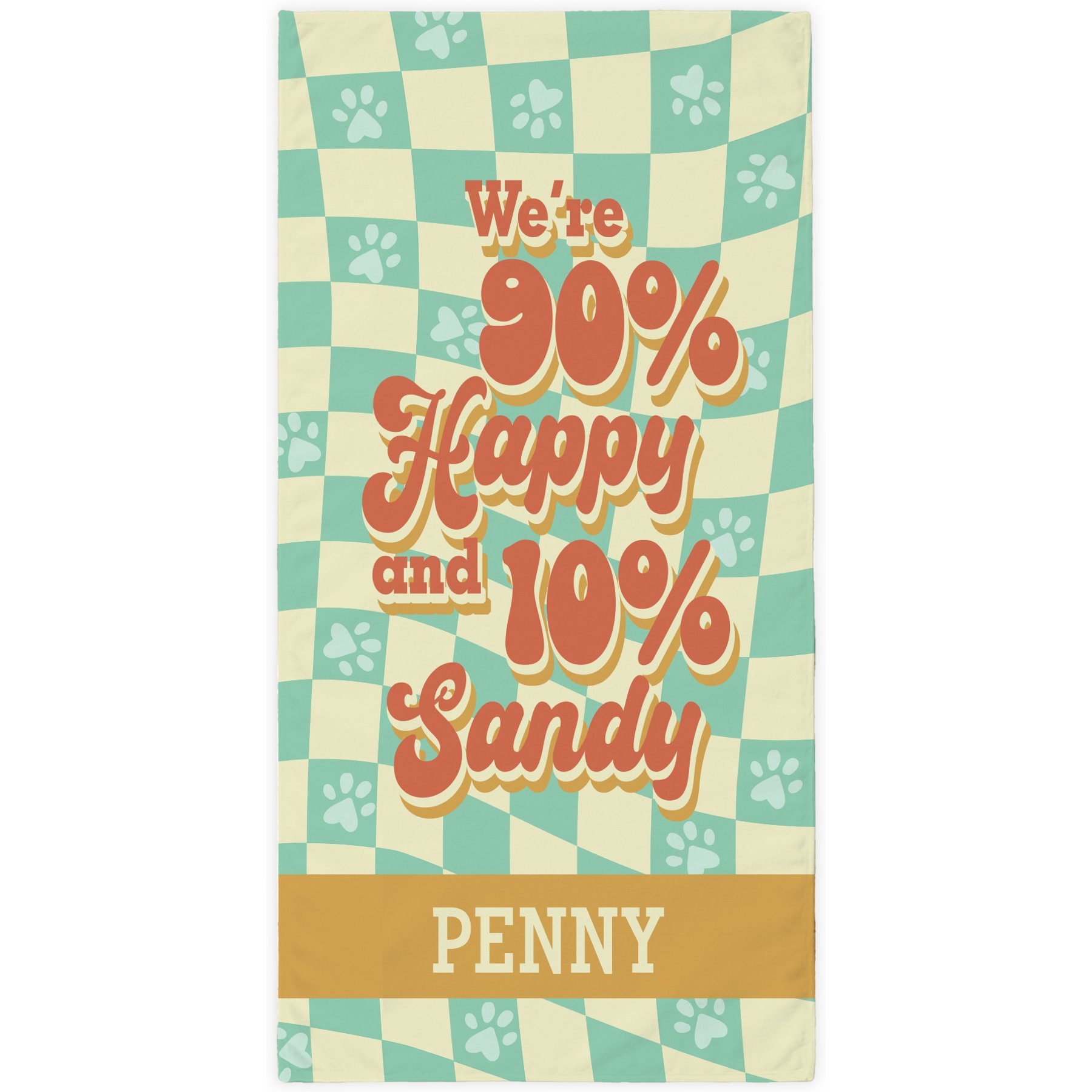 PGS 90% Happy 10% Sandy Retro Checkered Background White Sublimatable Dog Beach Towel, Teal/Orange/Yellow, 30 x 60-in