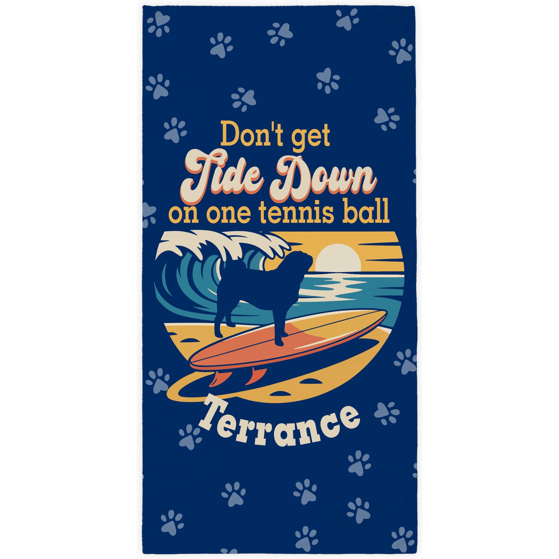 PGS Pug Tide Down Surfing Dog Breed Silhouettes White Sublimatable Dog Beach Towel, Blue/Orange/Yellow, 30 x 60-in