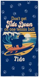 PGS Maltese Tide Down Surfing Dog Breed Silhouettes White Sublimatable Dog Beach Towel, Blue/Orange/Yellow, 30 x 60-in