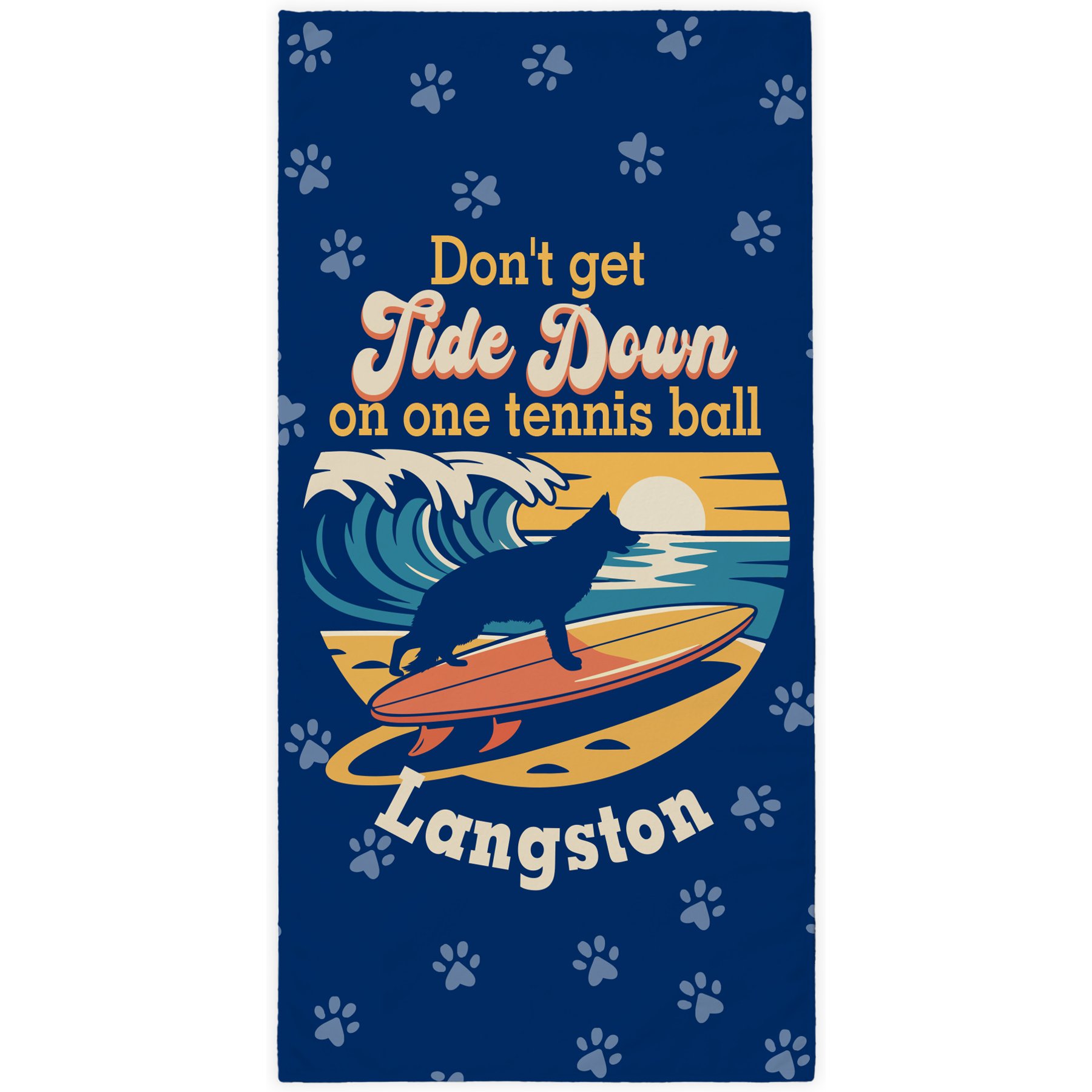 PGS German Shepherd Tide Down Surfing Dog Breed Silhouettes White Sublimatable Dog Beach Towel, Blue/Orange/Yellow, 30 x 60-in