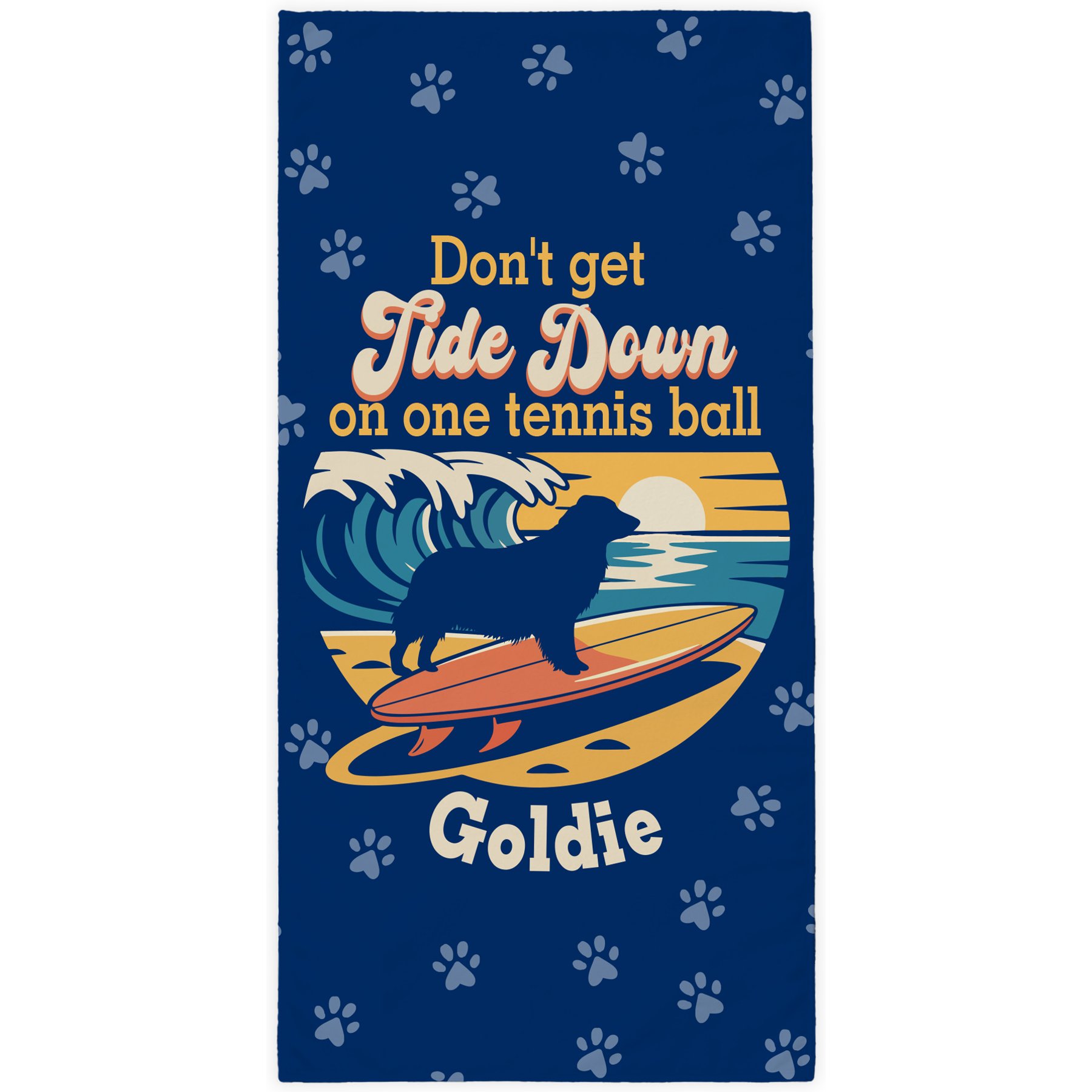 PGS Golden Retriever Tide Down Surfing Dog Breed Silhouettes White Sublimatable Dog Beach Towel, Blue/Orange/Yellow, 30 x 60-in