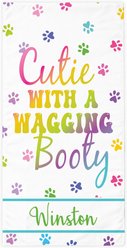PGS Cutie with a Wagging Booty White Sublimatable Dog Beach Towel, White/Pink/Purple/Green, 30 x 60-in