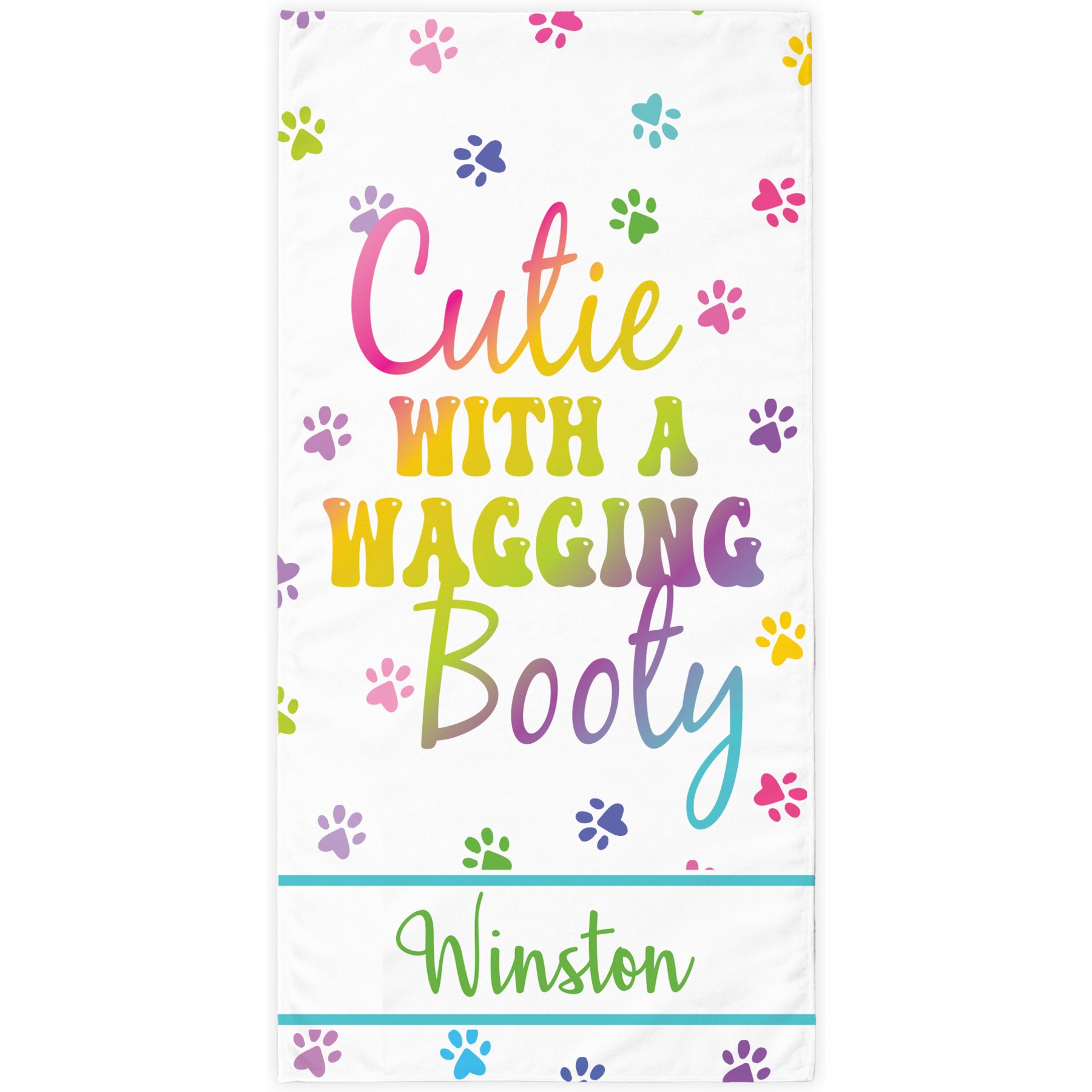 PGS Cutie with a Wagging Booty White Sublimatable Dog Beach Towel, White/Pink/Purple/Green, 30 x 60-in