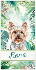PGS Yorkie Palm Background Watercolor Dog Breeds White Sublimatable Dog Beach Towel, Teal/White/Brown/Green/Pink, 30 x 60-in