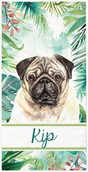 PGS Pug Palm Background Watercolor Dog Breeds White Sublimatable Dog Beach Towel, Teal/White/Brown/Green/Pink, 30 x 60-in