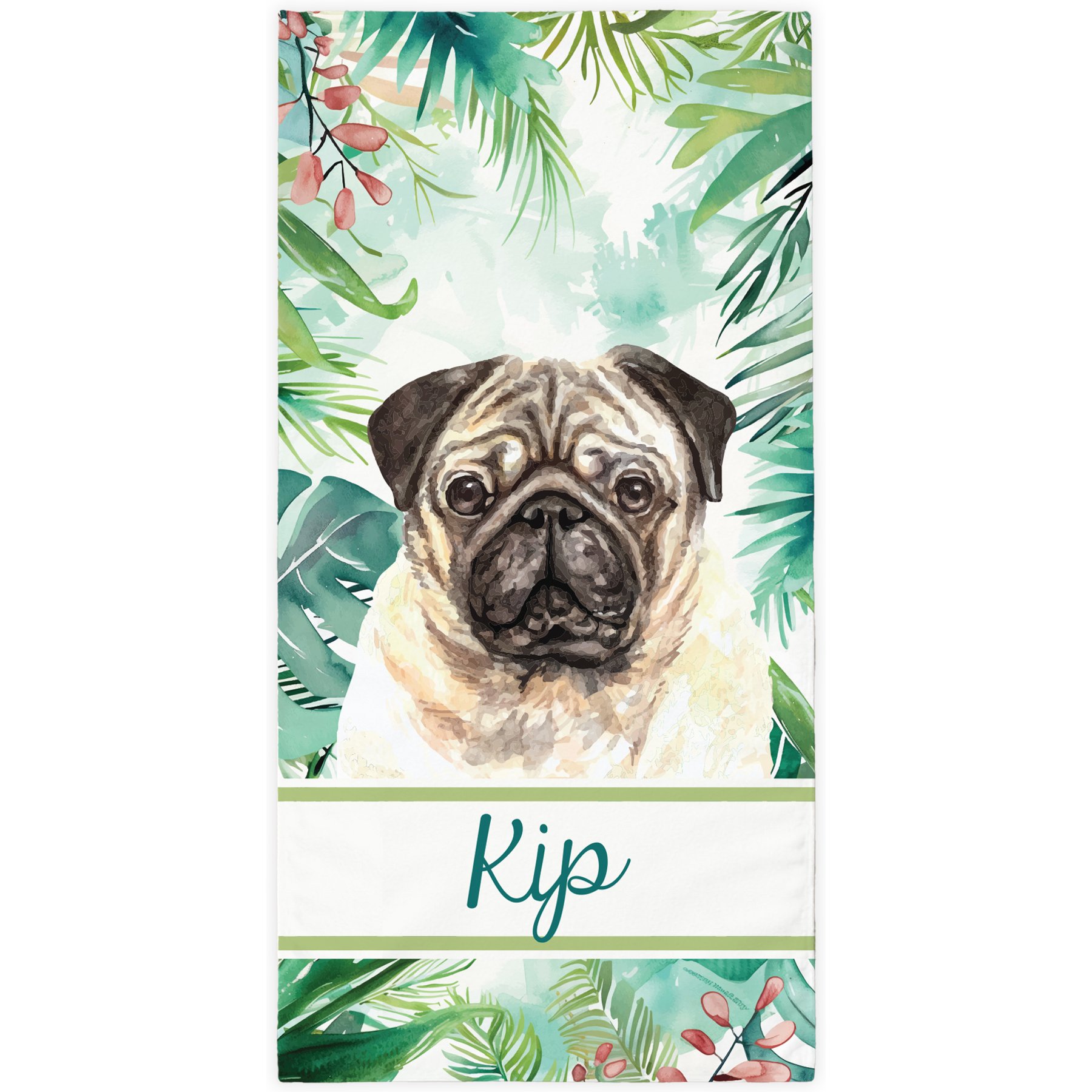 PGS Pug Palm Background Watercolor Dog Breeds White Sublimatable Dog Beach Towel, Teal/White/Brown/Green/Pink, 30 x 60-in