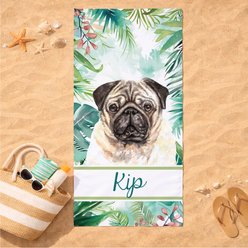 PGS Pug Palm Background Watercolor Dog Breeds White Sublimatable Dog Beach Towel, Teal/White/Brown/Green/Pink, 30 x 60-in slide 2 of 3