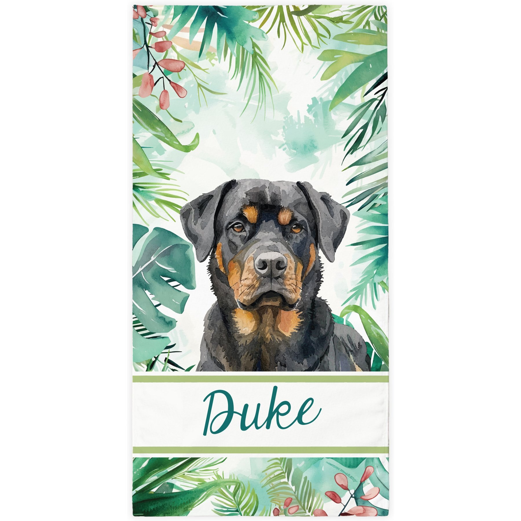 PGS Rottweiler Palm Background Watercolor Dog Breeds White Sublimatable Dog Beach Towel, Teal/White/Brown/Green/Pink, 30 x 60-in