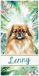 PGS Pekingese Palm Background Watercolor Dog Breeds White Sublimatable Dog Beach Towel, Teal/White/Brown/Green/Pink, 30 x 60-in