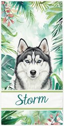 PGS Husky Palm Background Watercolor Dog Breeds White Sublimatable Dog Beach Towel, Teal/White/Brown/Green/Pink, 30 x 60-in