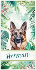 PGS German Shepherd Palm Background Watercolor Dog Breeds White Sublimatable Dog Beach Towel, Teal/White/Brown/Green/Pink, 30 x 60-in
