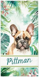 PGS French Bulldog Palm Background Watercolor Dog Breeds White Sublimatable Dog Beach Towel, Teal/White/Brown/Green/Pink, 30 x 60-in