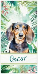 PGS Dachshund Palm Background Watercolor Dog Breeds White Sublimatable Dog Beach Towel, Teal/White/Brown/Green/Pink, 30 x 60-in