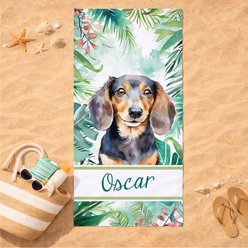 PGS Dachshund Palm Background Watercolor Dog Breeds White Sublimatable Dog Beach Towel, Teal/White/Brown/Green/Pink, 30 x 60-in slide 2 of 3