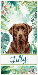 PGS Chocolate Lab Palm Background Watercolor Dog Breeds White Sublimatable Dog Beach Towel, Teal/White/Brown/Green/Pink, 30 x 60-in