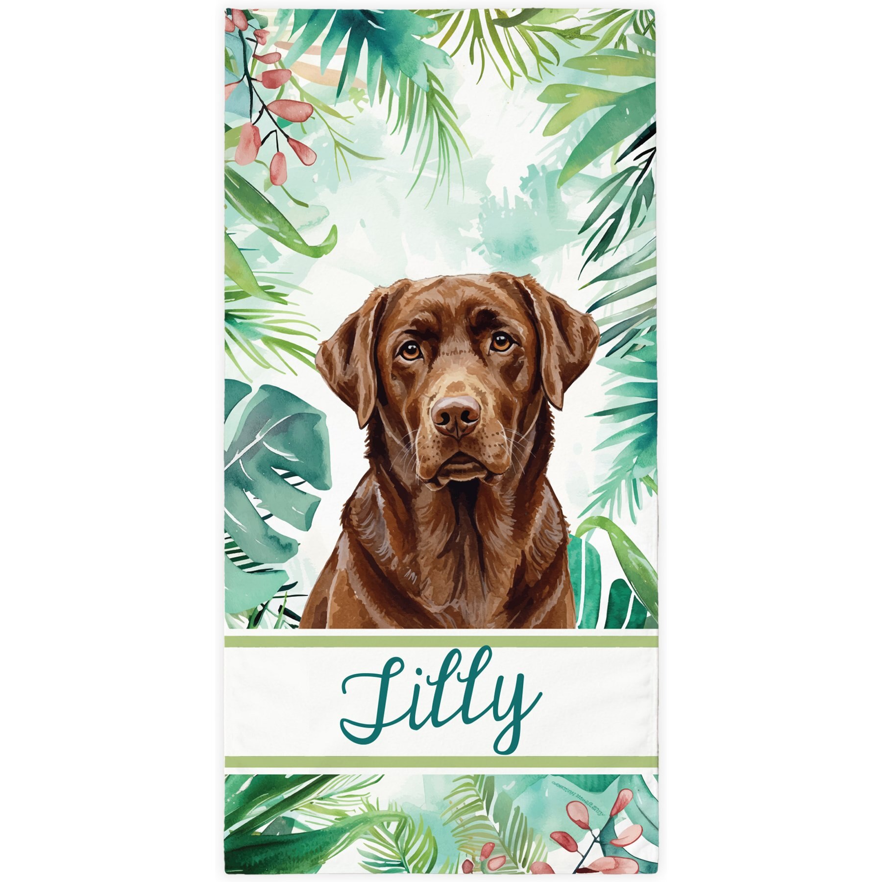 PGS Chocolate Lab Palm Background Watercolor Dog Breeds White Sublimatable Dog Beach Towel, Teal/White/Brown/Green/Pink, 30 x 60-in