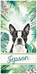 PGS Boston Terrier Palm Background Watercolor Dog Breeds White Sublimatable Dog Beach Towel, Teal/White/Brown/Green/Pink, 30 x 60-in