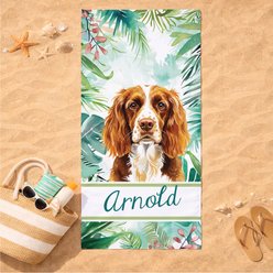PGS Brown Springer Spaniel Palm Background Watercolor Dog Breeds White Sublimatable Dog Beach Towel, Teal/White/Brown/Green/Pink, 30 x 60-in slide 2 of 3