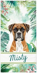 PGS Boxer Palm Background Watercolor Dog Breeds White Sublimatable Dog Beach Towel, Teal/White/Brown/Green/Pink, 30 x 60-in
