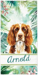 PGS Brown Springer Spaniel Palm Background Watercolor Dog Breeds White Sublimatable Dog Beach Towel, Teal/White/Brown/Green/Pink, 30 x 60-in