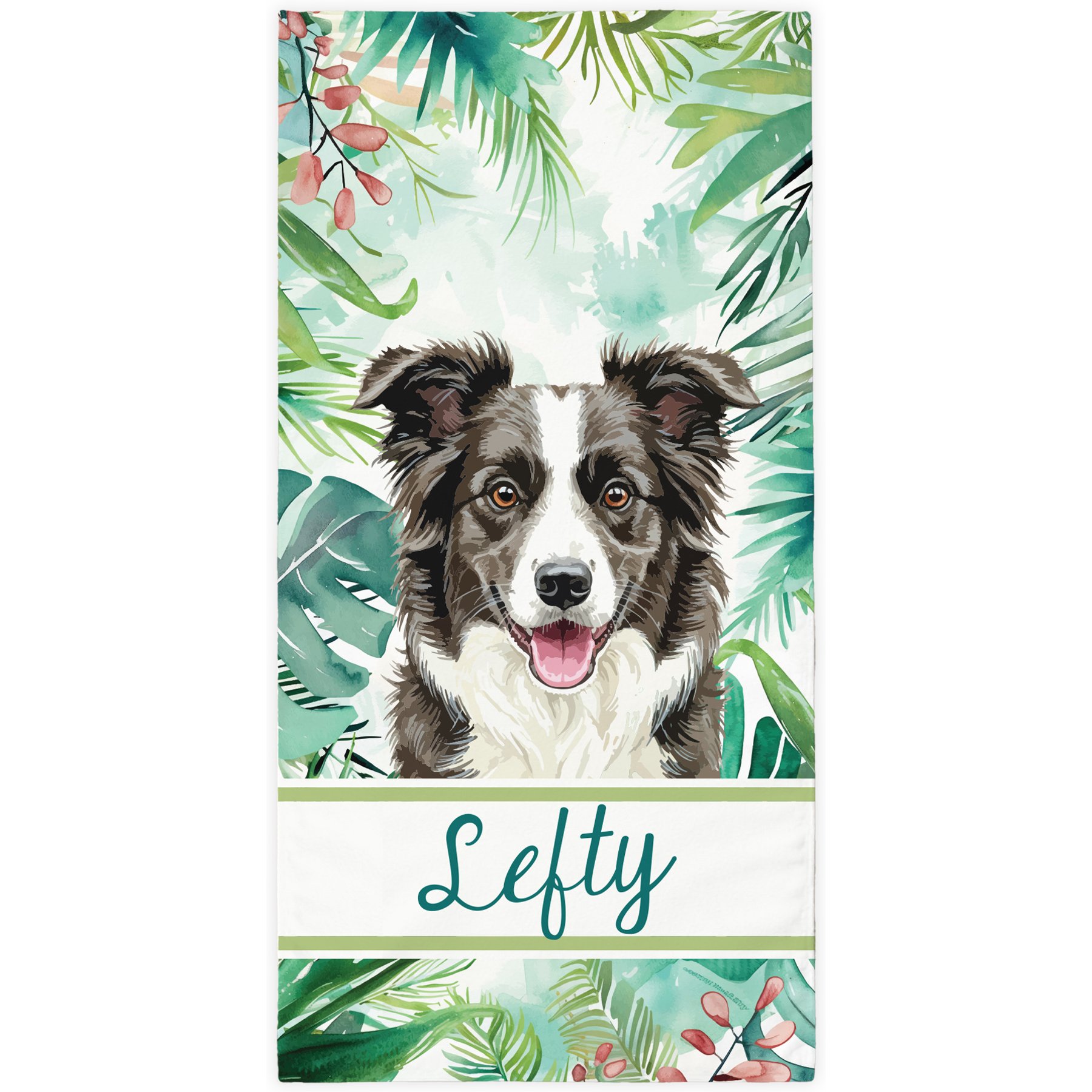 PGS Border Collie Palm Background Watercolor Dog Breeds White Sublimatable Dog Beach Towel, Teal/White/Brown/Green/Pink, 30 x 60-in