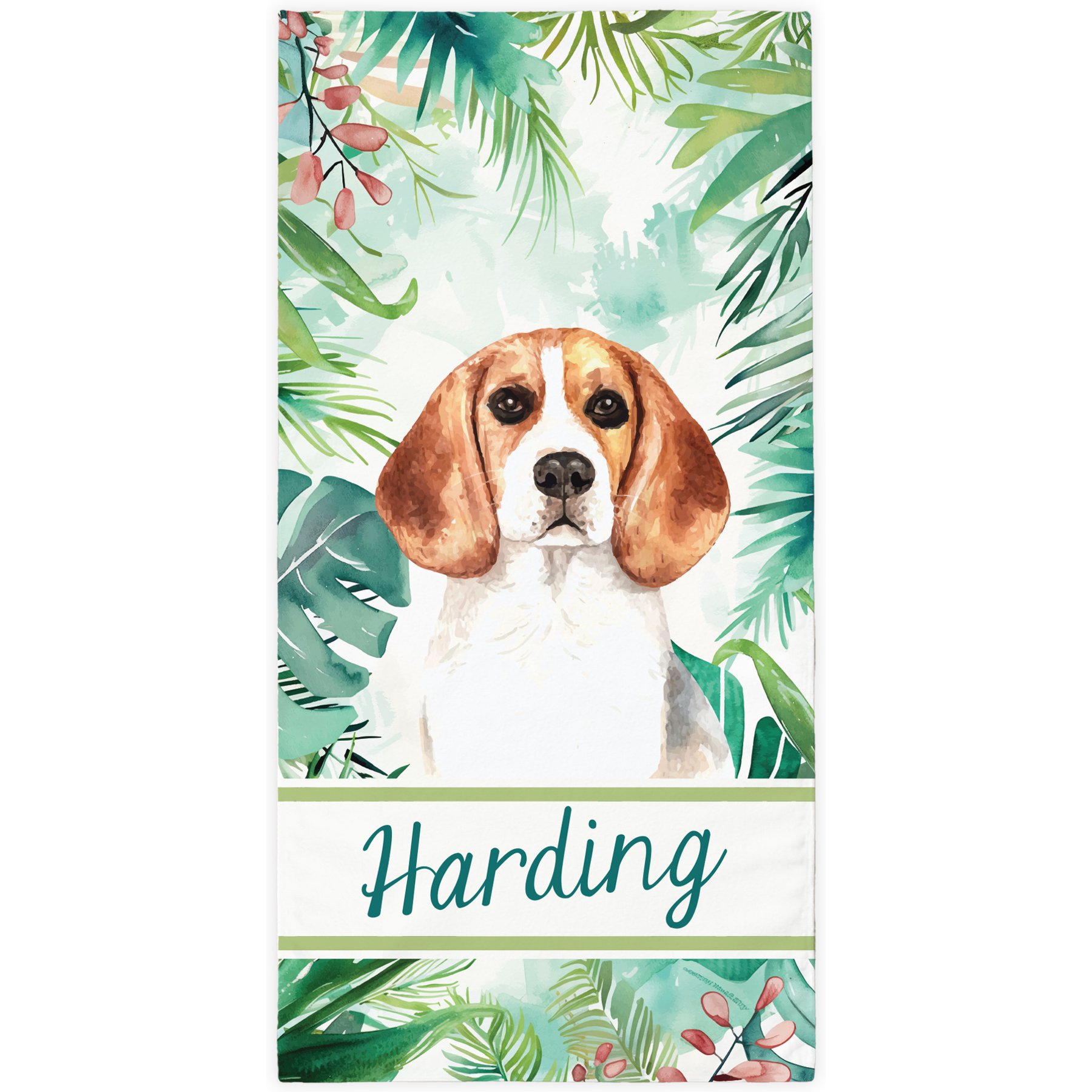 PGS Beagle Palm Background Watercolor Dog Breeds White Sublimatable Dog Beach Towel, Teal/White/Brown/Green/Pink, 30 x 60-in