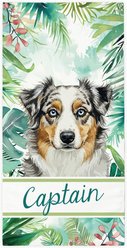 PGS Australian Shepherd Watercolor Dogs with Brown Paw Outlines on Stripes White Sublimatable Dog Beach Towel, Teal/White/Brown/Green/Pink, 30 x 60-in