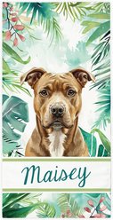 PGS American Pit Bull Terrier Palm Background Watercolor Dog Breeds White Sublimatable Dog Beach Towel, Teal/White/Brown/Green/Pink, 30 x 60-in