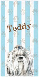PGS Shih Tzu Watercolor Dogs with Brown Paw Outlines on Stripes White Sublimatable Dog Beach Towel, Teal/White/Brown, 30 x 60-in