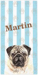 PGS Pug Watercolor Dogs with Brown Paw Outlines on Stripes White Sublimatable Dog Beach Towel, Teal/White/Brown, 30 x 60-in