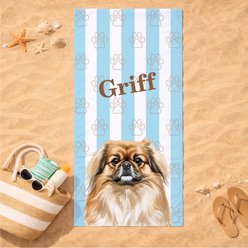 PGS Pekingese Watercolor Dogs with Brown Paw Outlines on Stripes White Sublimatable Dog Beach Towel, Teal/White/Brown, 30 x 60-in slide 2 of 3