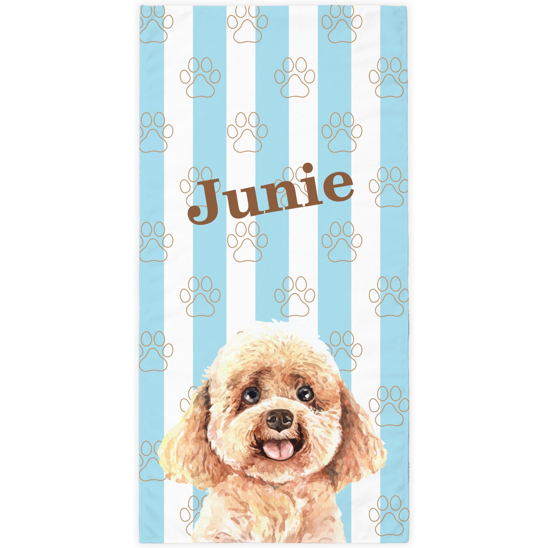 PGS Poodle Watercolor Dogs with Brown Paw Outlines on Stripes White Sublimatable Dog Beach Towel, Teal/White/Brown, 30 x 60-in