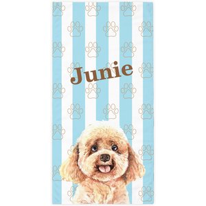 PGS Poodle Watercolor Dogs with Brown Paw Outlines on Stripes White Sublimatable Dog Beach Towel, Teal/White/Brown, 30 x 60-in